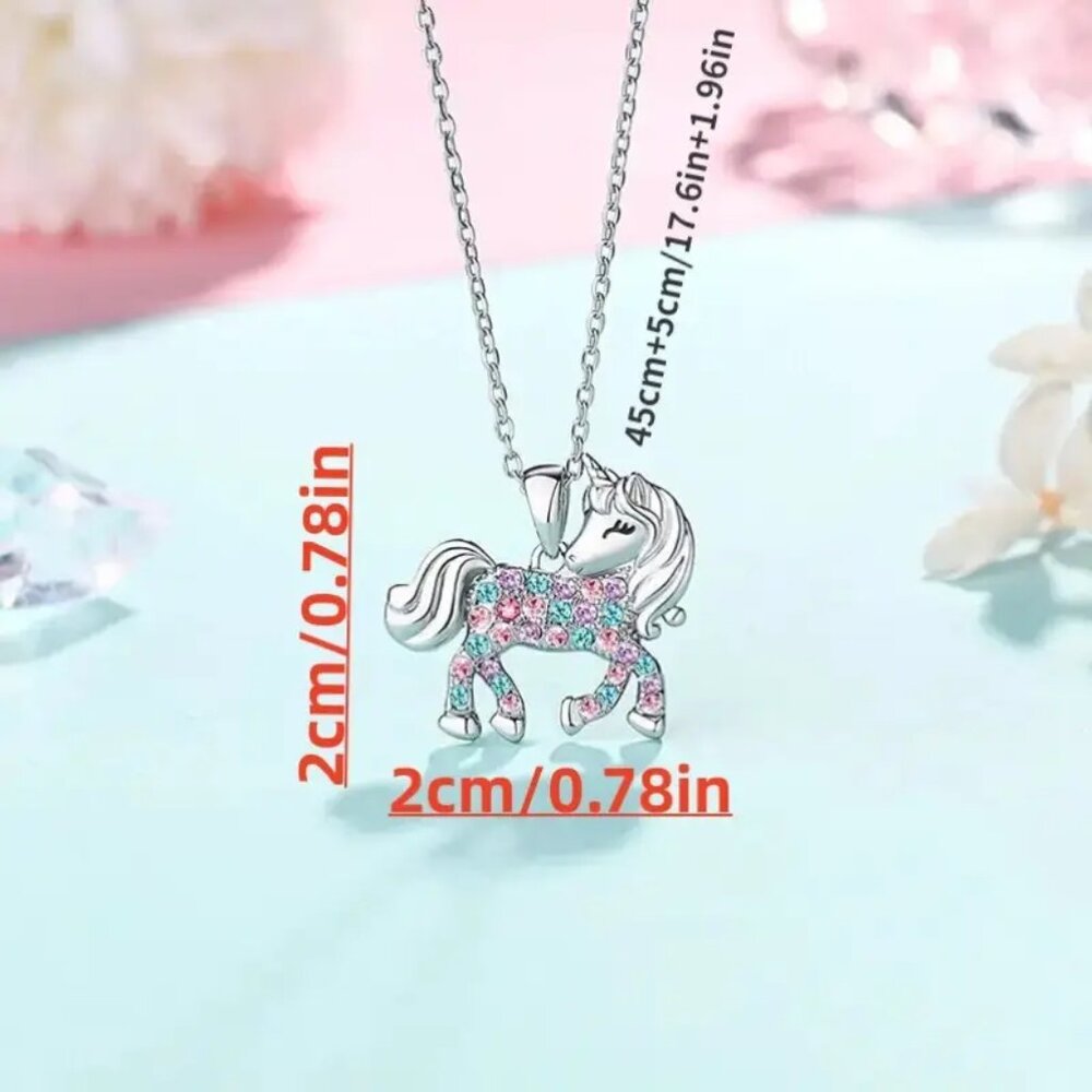 Unicorn Pendant Necklace Girls Silvertone Multi Color Rhinestones 19" Adj New - Picture 5 of 10